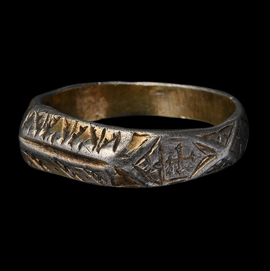 Medieval Silver Iconographic Type Ring with Heart and Cross