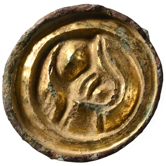 Anglo-Saxon Gilt Bronze Button Brooch with Helmetted Head