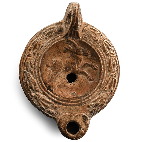 Roman Terracotta Oil Lamp with Rampant Stag