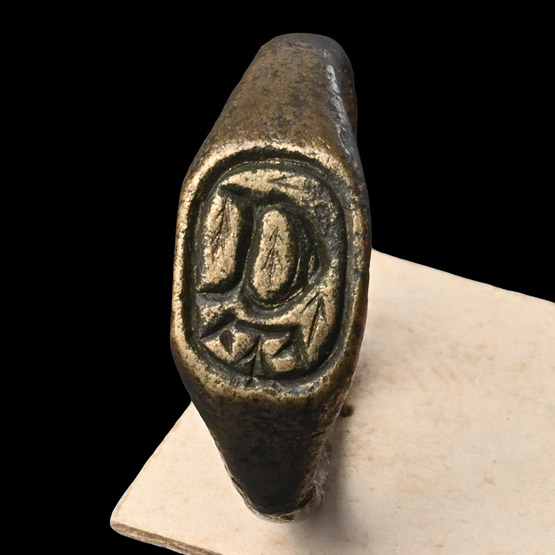Large Medieval Bronze Bergholt, Colchester Signet Ring with Crowned D