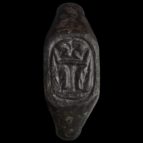 Large Medieval Bronze Signet Ring with Crowned I