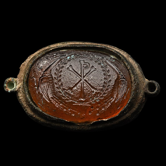 Byzantine Orange Glass Gemstone with Chi Rho Monogram and Peacocks in Laurel Wreath