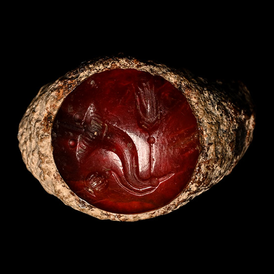 Roman Cornucopia and Poppy Gemstone in Iron Ring