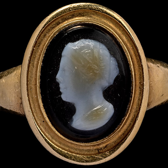 Post Medieval Banded Agate Cameo of a Woman in Gold Ring