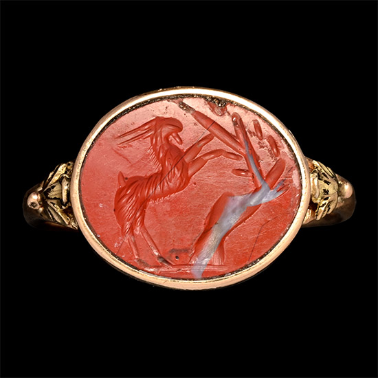 Roman Jasper Gemstone of a Grazing Goat in Gold Ring