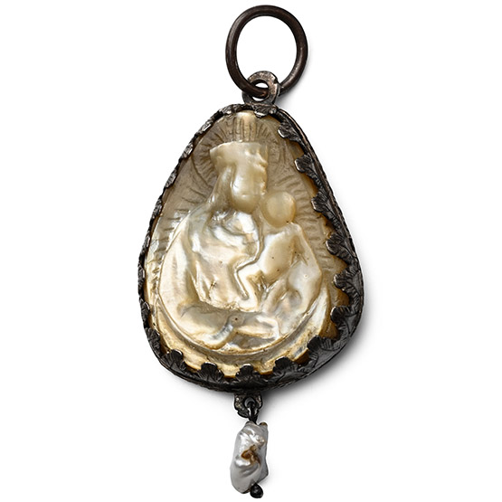 Medieval Silver Pendant with Mother-of-Pearl Scene of Virgin and Child