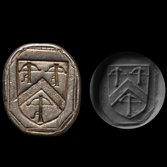 Stuart Period Silver Seal Matrix with  Hurrell Family Heraldic Shield with Crossbows