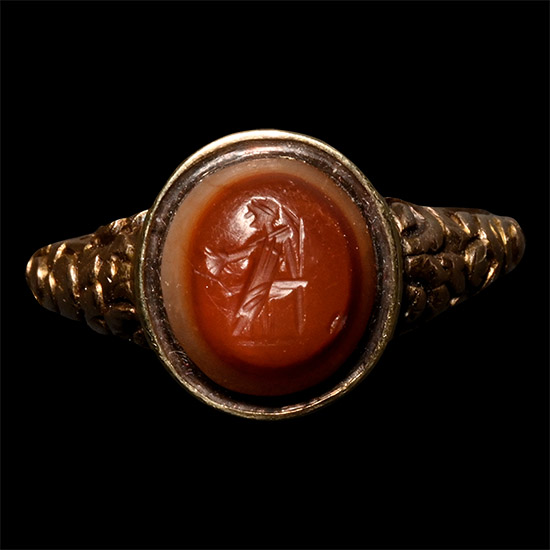 Roman Gemstone of a Seated Figure Set into a Gold Georgian Ring
