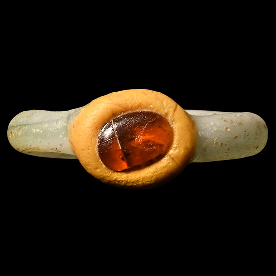 Roman White and Orange Glass Ring with Amber Inlay