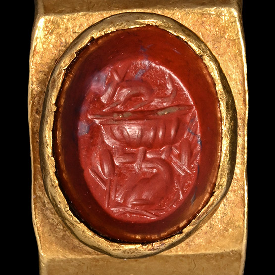 Roman Gold Ring with Jasper Gemstone of Fountain and Dolphin