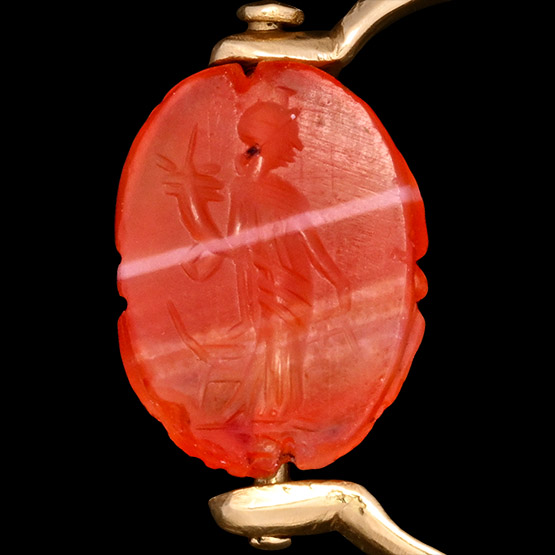 Roman Agate Scarab Engraved with the Goddess Fortuna Mounted in a Gold Ring
