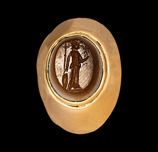 Roman Agate Gemstone  with Minerva Holding Nike in Gold Ring