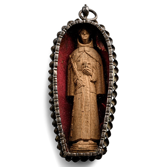 Wooden Sculpture of Saint Francis of Assisi in Silver Pendant
