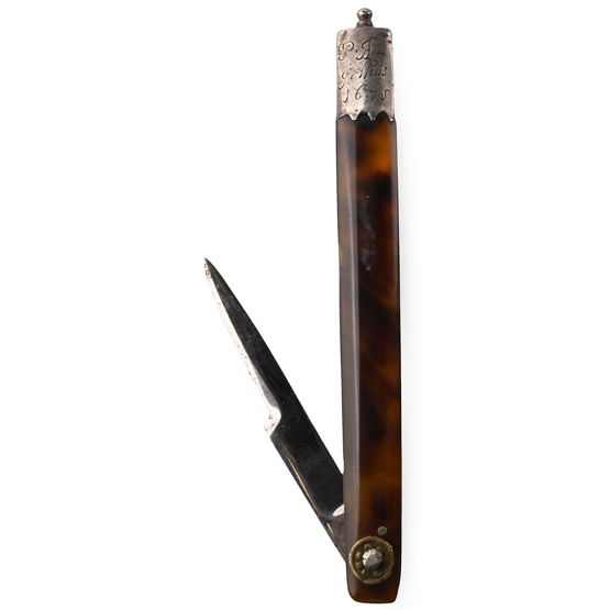 Post Medieval Razor and Silver Mounting Engraved with P A G E Wills, 1675