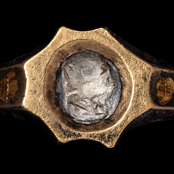 Medieval Silver-Gilt Ring with Male Head Gemstone and Inscriptions