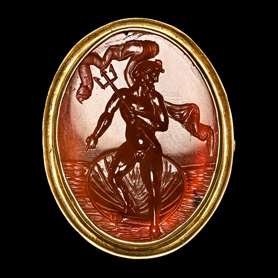 Post Medieval Gold Ring with Carnelian Gemstone Depicting the Roman God Neptune