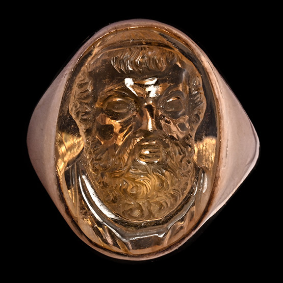 Carved Citrine Bust of Homer in Gold Ring