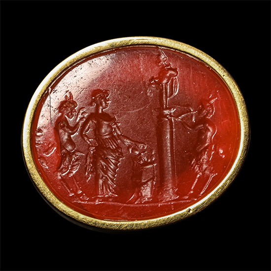 Post Medieval Gemstone Depicting Bacchanalian Sacrifice in Gold Ring
