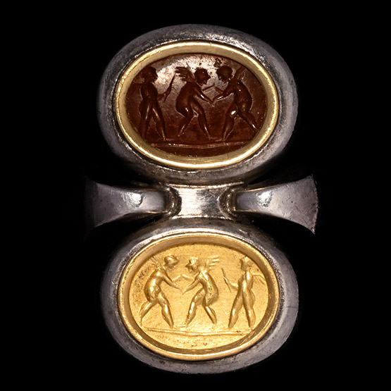 Roman Intaglio of Three Wrestling Erotes in Later Silver Ring