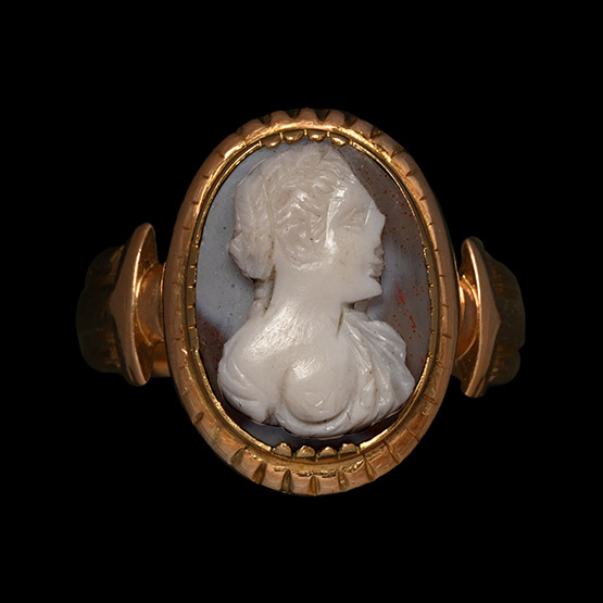 Renaissance Sardonyx Cameo of a Female Bust in Gold Ring
