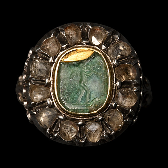 Diamond Locket Ring Set with Emerald Intaglio of Eros, the Greek God of Love, Playing Aulos