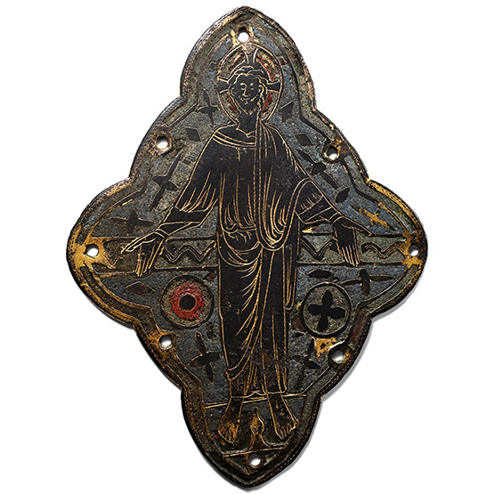 Large Medieval Gilt Bronze Champleve Plaque Depicting Christ in Majesty