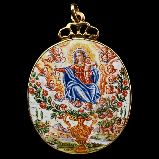 Enamelled Gold Pendant Depicting the Virgin and Child with Saints