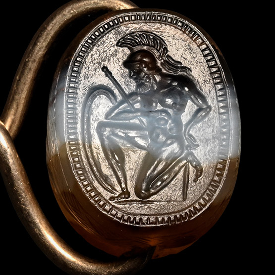 Italic Banded Agate Scarab with Kneeling Warrior in Gold Mount