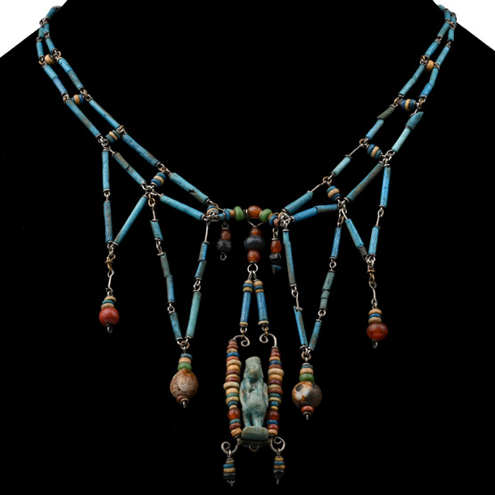 Egyptian Blue Faiance Bead Necklace with Taweret
