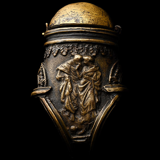 Renaissance Bronze Glove Ring with an Inkwell