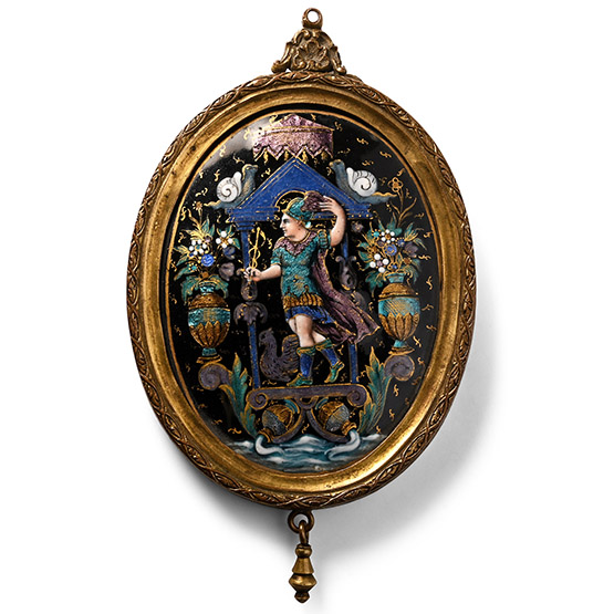 Post Medieval Gilt Enamelled Mirror Case Depicting the Roman God Mercury