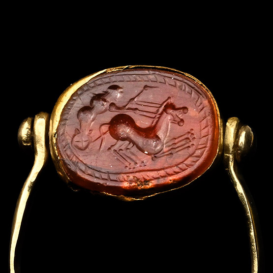 Etruscan Carnelian Scarab of a Charioteer in Gold Ring