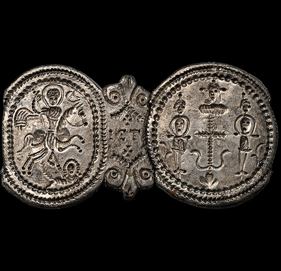 Byzantine Silver Bracelet Sections with Warrior Saint and Crucifixion