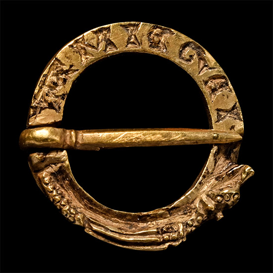 Medieval Gold Dragon Ring Brooch with Inscription