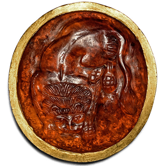 Roman Carnelian Cameo of a Crouching Lion in Gold Mount
