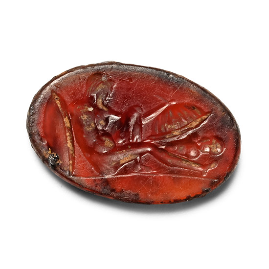 Roman Sard Gemstone of Othryades the Fallen Warrior Writing on a Shield