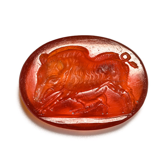 Roman Carnelian Gemstone of a Wild Boar and Dog