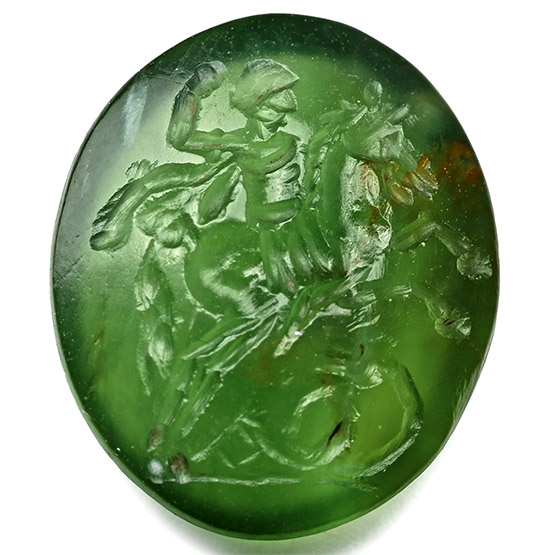 Roman Green Chalcedony Gemstone of Horse and Rider with a Snake