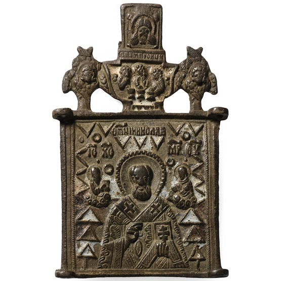 Eastern European Enamelled Bronze Icon of St Nicholas