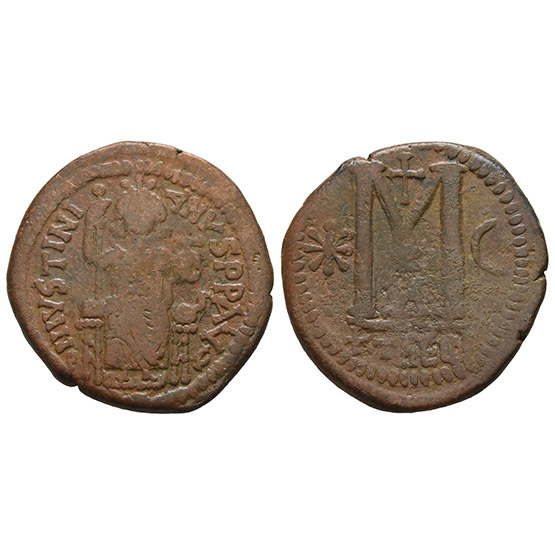 Justinian I AE 40 Nummi or Follis.