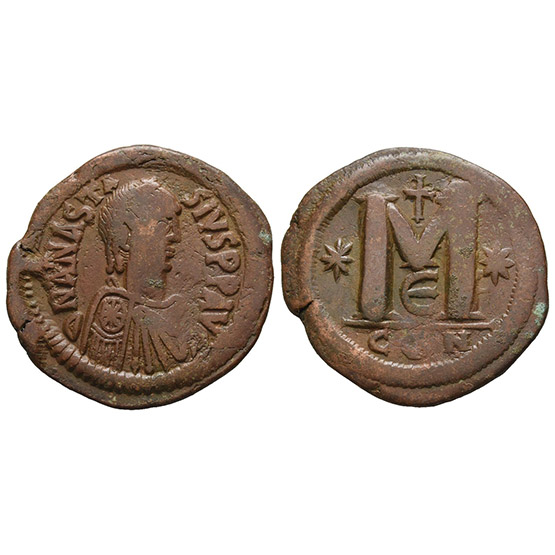 Anastasius I AE 40 Nummi or Follis.