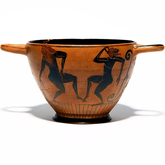 Greek Black-Figure Skyphos with Dancing Satyrs by the Komast Painter Group
