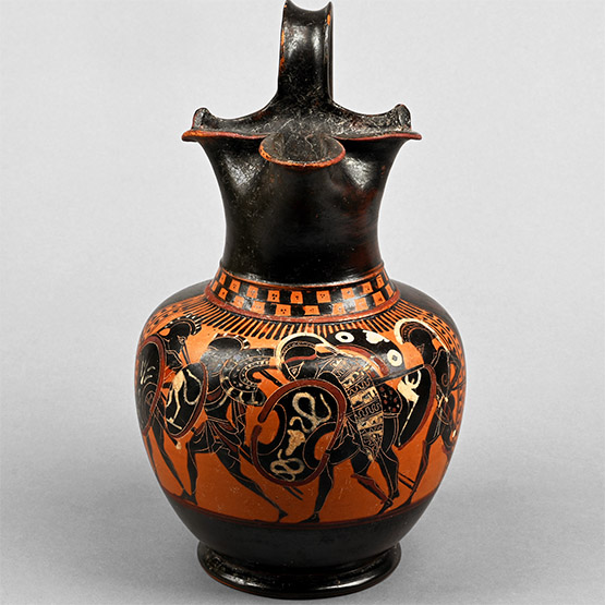 Greek Terracotta Black-Figure Oinochoe with Fighting Warriors