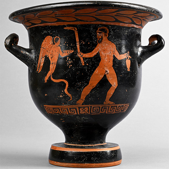 Greek Red-Figure Bell Krater with Satyr and Eros