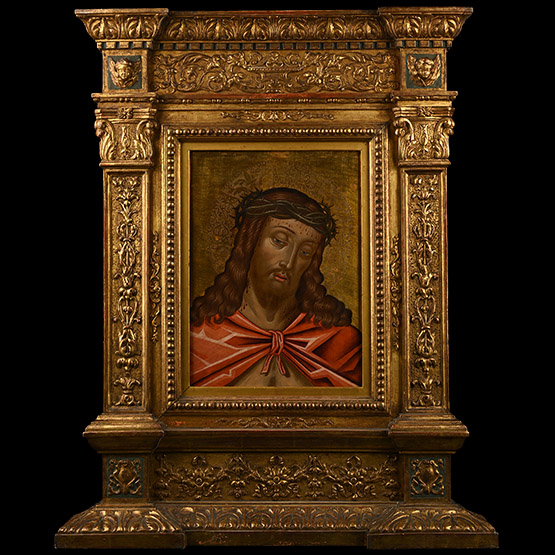Large Veneto-Cretan Icon of Ecce Homo in Gilt Wooden Frame