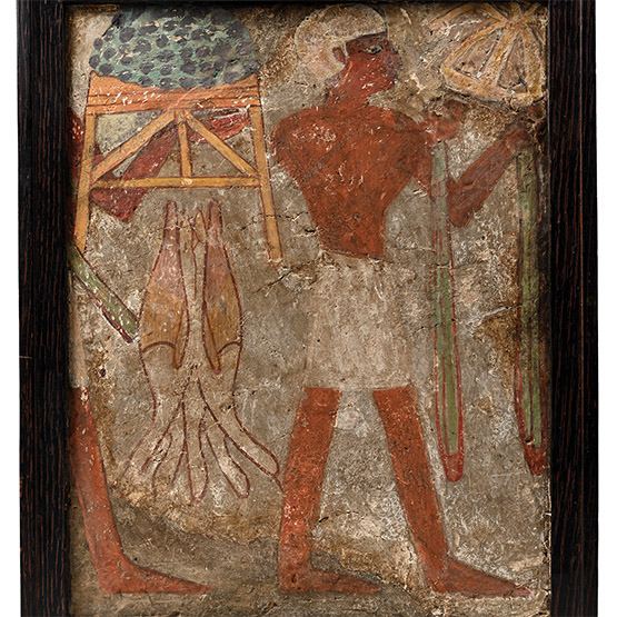 Egyptian Limestone Fresco with Servant Carrying Geese