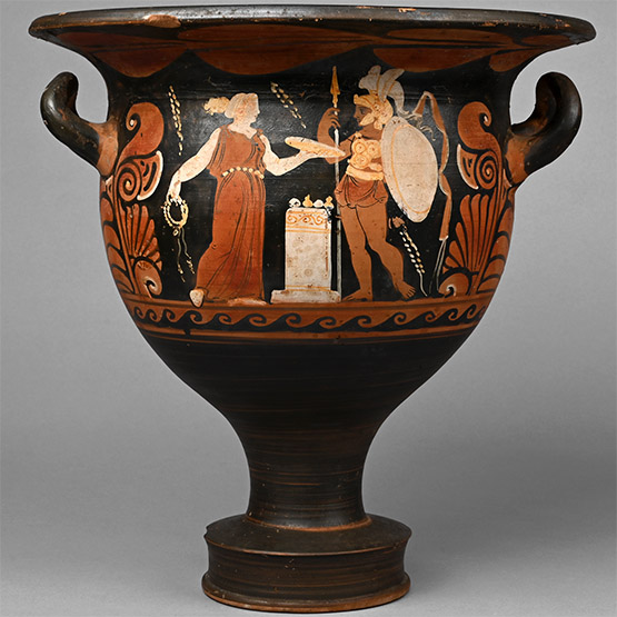 Greek Red-Figure Bell Krater with Warrior Funerary Offering Scene, Attributed to CA Painter