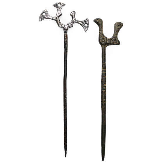 Western Asiatic Silver and Bronze Dress Pin with Birds Group