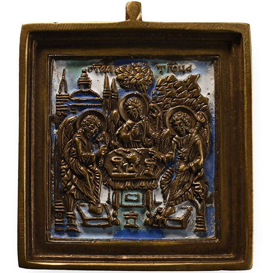 Russian Orthodox Enamelled Bronze Travel Icon with the Old Testament Trinity