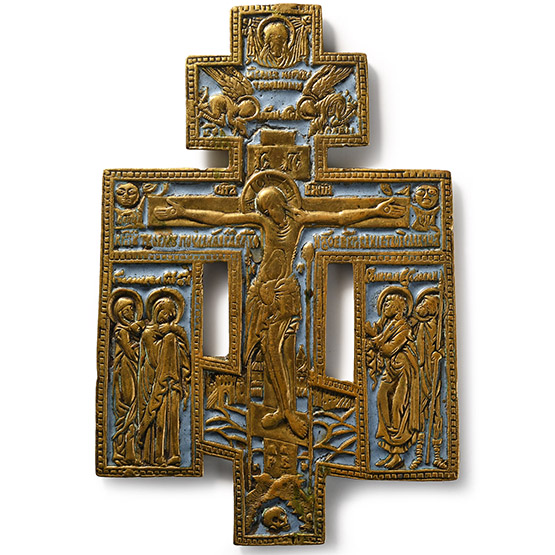 Russian Orthodox Enamelled Bronze Travel Icon with Christ Flanked by Mary, Maria, and Saint John